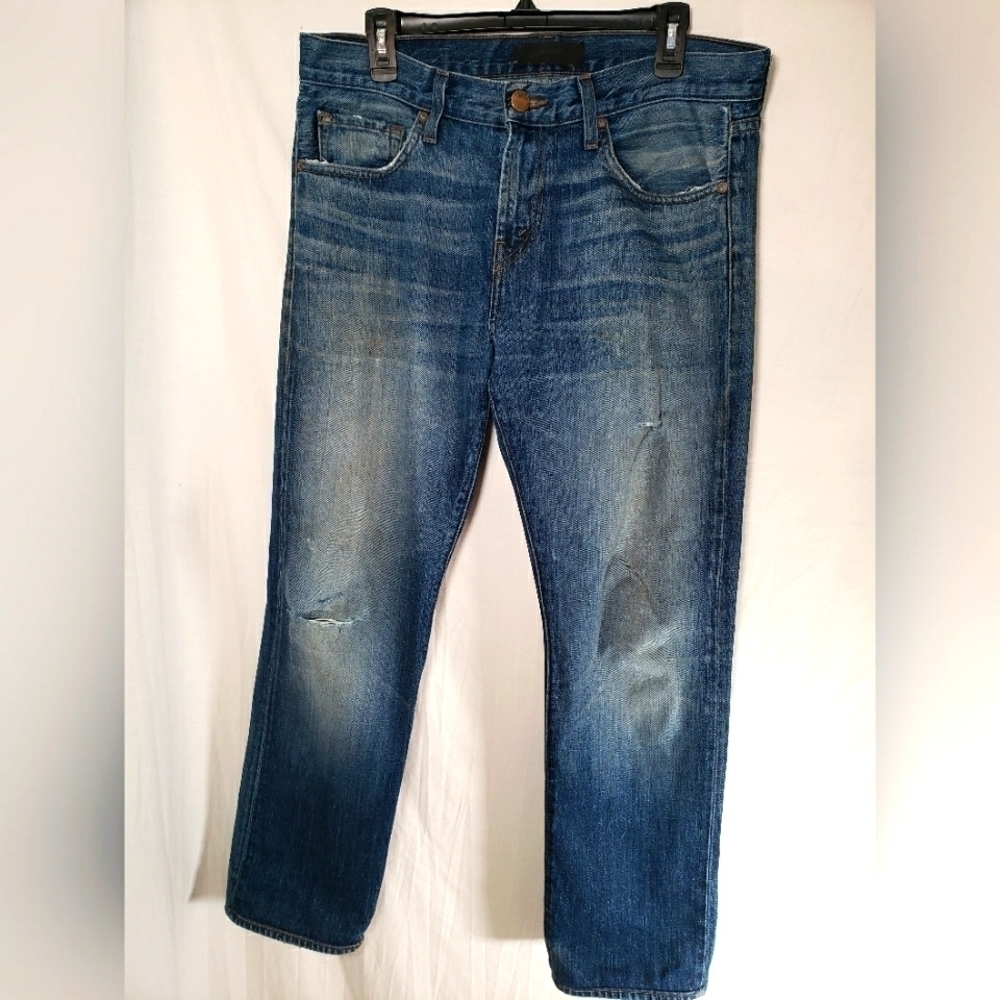 J Brand's Kane Faded Distress Medium Washed Blue Jeans Sz 33